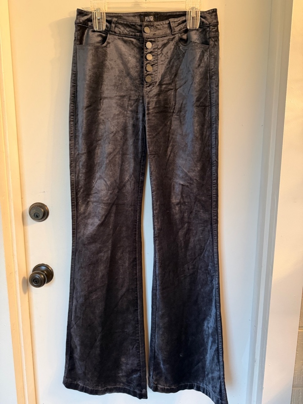 Paige Crushed Velvet Flare Pants Button Fly Navy Size 29